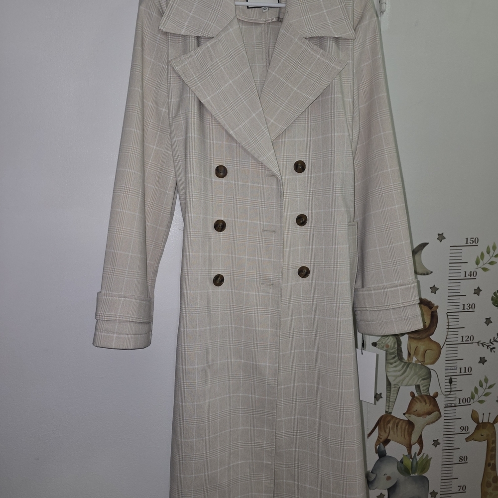 bagatelle Beige Plaid Double-Breasted Trench Coat - Picture 11 of 17